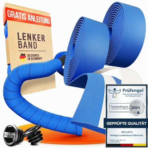 Kellago Lenkerband Rennrad blau, inkl. Kunststoff-Endkappen, Montage-E-Book & 4x Klebestreifen - Fahrrad Lenkerband - Griffband Rennrad Fahrradlenkerband