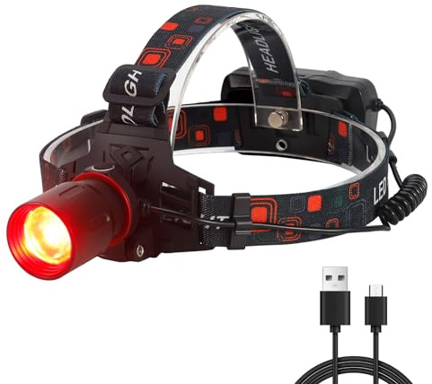 XLENTGEN Linterna Frontal Roja 800 Lumens Linterna Frontal LED Recargable con Luz Roja, Foco Ajustable, 3 Modos Linterna Cabeza de Caza para Visión Nocturna, Astronomía, Pesca (Pilas Incluidas)