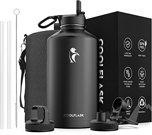 Coolflask Gallon Water Bottle Insulated with Straw&3 Lids, Water Jug Large Stainless Steel Metal Vacuum Wide Mouth for Sports, Gym or Office, Non-BPA Keep Cold 48H Hot 24H, Magic Black | Large Water Jug Stainless Steel Triple-Wall, Cold 48+h/Hot 24+h, Dishwasher Safe, BPA-Free, for Outdoor Gym & Hiking