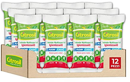 Citrosil Home Protection Salviette Multisuperfici Igienizzanti On the Go, Rimuovono Sporco, Germi e Batteri, Pratico Utilizzo Dentro e Fuori Casa, con Vere Essenze di Limone, 12 Panni x 12 Confezioni