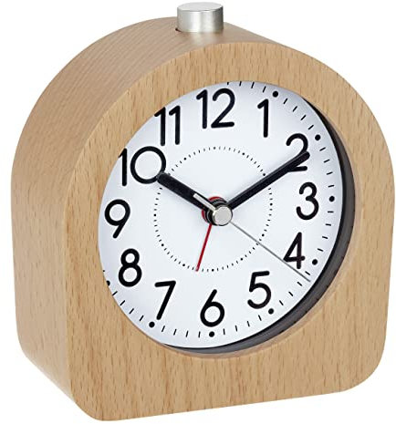 TFA Dostmann Wecker analog aus Buche, 60.1038.05, geräuscharmes Uhrwerk, Hintergrundbeleuchtung, Weckalarm, braun, 108 x 44 x 101 mm