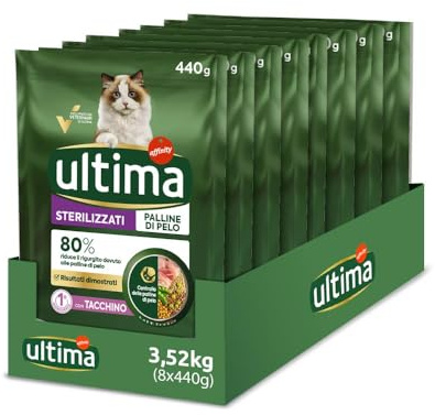 Ultima Alimentos para Gatos esterilizados para prevenir Bolas de Pelo – Pack 8 x 440 g – Total 3,52 kg