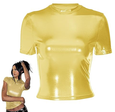 SamHeng Top lucidi da donna, t-shirt slim fit a maniche corte metallizzata olografica, camicetta da festa con collo a lupetto con top corto luccicante, camicetta da discoteca scintillante glitterata