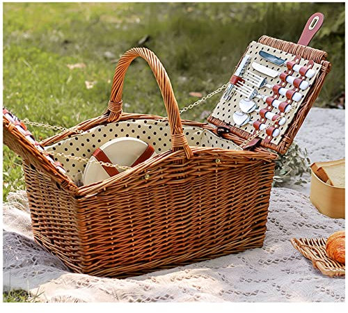 Tragbarer Picknickkorb aus Weidengeflecht für 2 Personen, handgefertigter Weidenkorb mit großem Fassungsvermögen, Picknickbox-Behälter mit Bogengriff, perfekt für Picknick im Freien, Camping (40 x 36