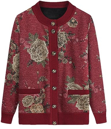 Niiyyjj Elderly Grandmother Cardigan Sweater Jacket Women Velour Knitwear Coat Mother Knitted Jacket Red Begonia XL