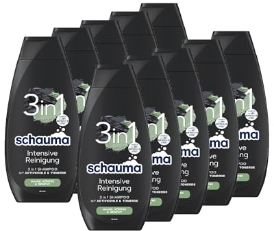 Schauma Schwarzkopf 3in1 Shampoo Intensive Reinigung (10x 400 ml), Haarshampoo für Haare, Körper und Gesicht, 3in1 Shampoo mit Aktivkohle und Tonerde reinigt das Haar gründlich