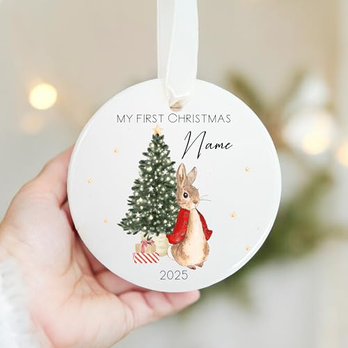 My First Christmas Classic Rabbit Personalised Ceramic Tree Ornament (Pink Girls, Blue Boys, Festive Xmas Red Unisex) - optional gift box (Red Rabbit: Ceramic - No Box)