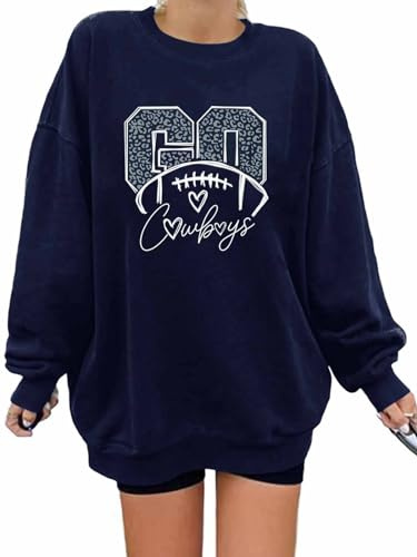 LUKYCILD Game Day Sweatshirt Women - Go Cowboys Sweatshirts Football Season Pullovers Retro Football Mom Long Sleeve Shirts, Blue, Medium