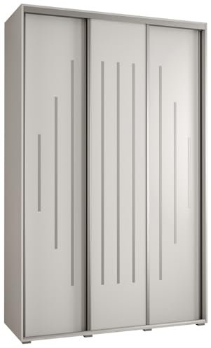MEBLE KRYSPOL Cannes 12 Moderner Schrank mit 3 Schiebetüren mit Stange, Regale - Aufbewahrungsschrank für Schlafzimmer, Wohnzimmer - 205,2x150x60 cm - Weiß Weiß Silber