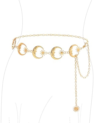 Catena in Vita da Donna, Cintura a Catena in Metallo Sole Lunare, Cintura a Catena Regolabile, Catena per Il Corpo Vintage, per Abito Jeans
