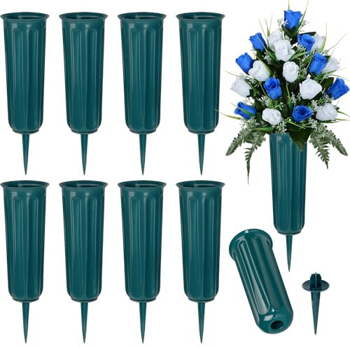 Vaso per cimitero, vasi per fiori commemorativi in plastica con paletto Portafiori per lapide per decorazioni cimiteriali (10, Verde)