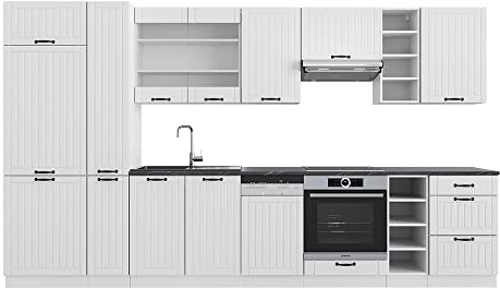 Vicco Küchenzeile Fame-Line, Küchenblock, Weiß Landhaus/Weiß, 355 cm, AP Marmor
