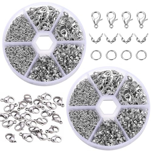 Bikasun 1140 Pezzi Chiusure per Braccialetti, Chiusure per Collane, Anellini Salto, Chiusure per Collane, Kit Fermagli per Gioielli, per Accessorio di Gioi, Argento
