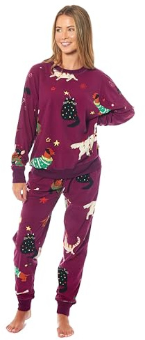 Daisy Dreamer Pigiama da donna in pile stampato, morbido e caldo, abbigliamento da notte, abbigliamento da notte a maniche lunghe, pigiama da donna con stampa animalier, Gatti & Cani, L