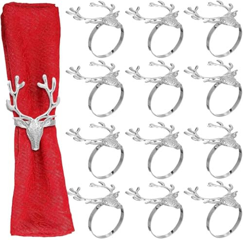 IMIKEYA 12 Stück Hirsch Serviettenringe Silber Weihnachten Weihnachtsserviettenringe Hirschkopf Serviettenringe Elch Serviettenhalter für Tischdekoration Weihnachten