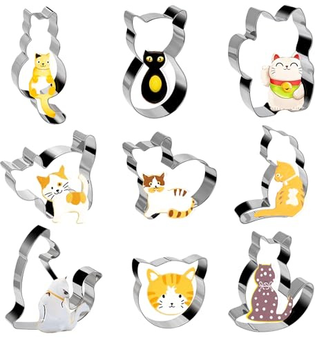 JIYIN Ausstechformen-Set mit Katzenmotiv, 9-teilig, niedliche Katzen-Form, Edelstahl, Keksausstecher, Formen zum Backen, Partyzubehör, Silber