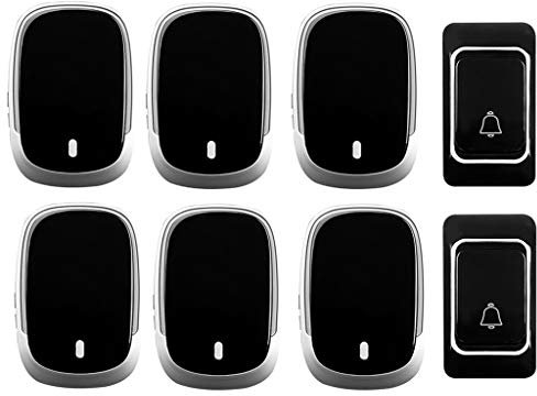 WOTZOV Timbre inalámbrico Resistente al Agua, 2 transmisores y 6 receptores, transmisión de 300 m, Timbre autoalimentado, 36 melodías Musicales, 4 Niveles de Volumen, luz interm,Negro