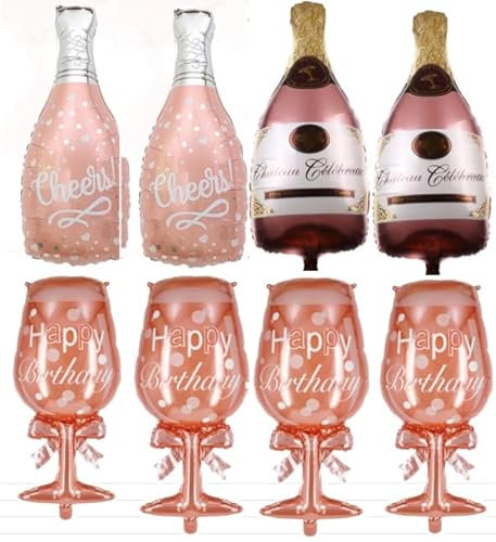 8 Pack Champagne Bottle Balloons Pink Goblet Foil Balloon Wine Glass Cheers Mylar Balloons Whiskey Bottle Helium Balloon for Graduation Wedding Anniversary Birthday Shower Party Decoration