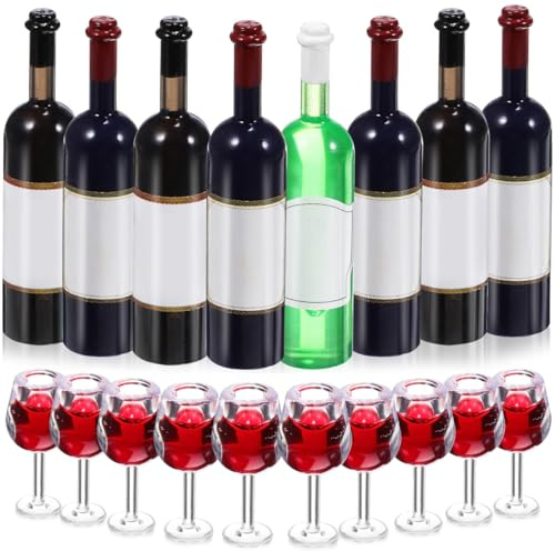 ULTECHNOVO Set Mini Bicchieri Da Vino E Bottiglie in Miniatura Per Casa Delle Bambole 10 Bicchieri 8 Bottiglie Decorazioni Per Tavola Feste Picnic Viaggi 1:12