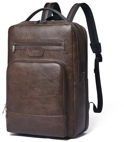 Shrrie Mochila de cuero para laptop para mujer y hombre, mochila de ordenador portátil de 16 pulgadas, mochila de viaje con puerto USB expandible de 28 L para trabajo y negocios, Café de Dos Tonos