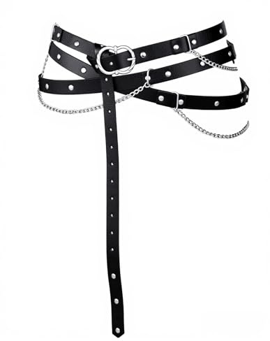 TobWeaL Medieval DIY Pirate Belt, Metal Chain Adjustable Leather, Retro Renaissance Belts for Women Dresses (black, a)