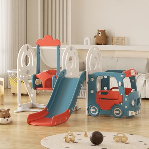 Tobogán para Niños Pequeños con Escalera: Zona de Juegos Interior y Exterior con Caja de Almacenamiento Túnel Escalera Aro de Baloncesto y Zona de Paso Tobogán de Jardín (Bus Set-H-Red)