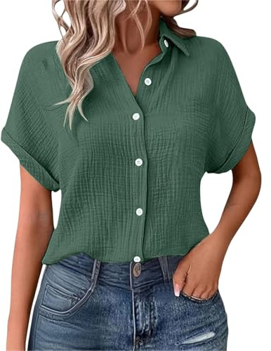 Nuoke Musselin Bluse Damen Shirts Bluse Elegant Tunics Sommer Tshirt Kurzarm Leinen Knopf Bluse Lange Oversized T-Shirt Casual für Leggings