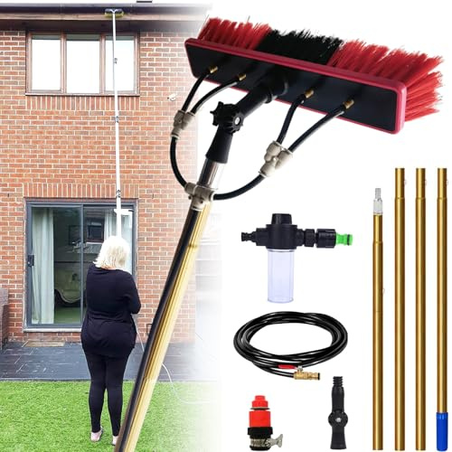 YFSMBD Teleskop Waschbürste mit Wasseranschluss 15 Meter Reinigungsbürste mit Teleskopstiel Ausziehbar | Fenster & PV-Anlagen-Reinigung | Weiche Borsten Inkl. Seifenspender, 35cm Bürste