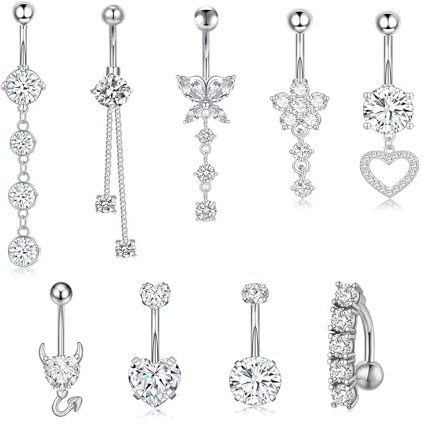 Ammerpea 9 Pcs Belly Button Rings Sterling Silver Belly Button Bars Jewellery