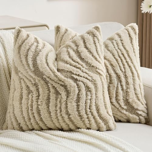 Ystyle Federe Cuscini Divano 40 x 40 cm Set da 2, Copricuscini in Morbido Peluche a righe, Fodere Cuscini Moderni Elegante Decorativi, Resistente per Divano Soggiorno Camera, Kaki