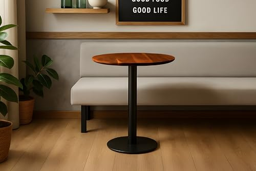 SAM Runder Bistrotisch Brasilian | 70 x 70 cm | Akazienholz massiv | Farbe: Nussbaum | Schweizer Kante | Säulen-Gestell Metall Schwarz | Holztisch/Säulentisch/Esstisch für Küche & Café