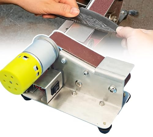 CHANGLKJ Mini Lijadora De Banda Eléctrica, Lijadora De Banda De Sobremesa con Mesa Inclinada De 15°, Velocidad Sin Carga De 4000-9000 RPM Y 7 Velocidades Ajustables, Larga Vida Útil, para Bricolaje