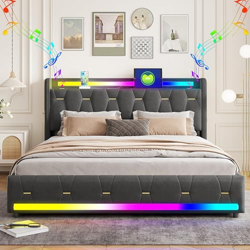 XMETPR 140x200cm Sammet sängram med 1 USB & 1 Type-C, grå | Bluetooth-högtalare, laddstation, LED-belysning, klädd säng, tysta träribbor, utan madrass