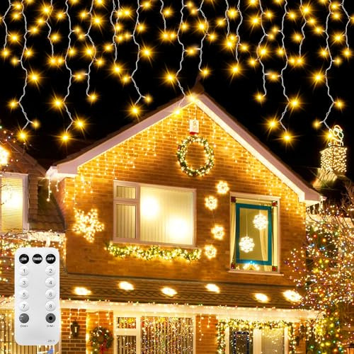 10m 400LED Eisregen Lichterkette für Außen Innen, IP44 Wasserdicht Außenbeleuchtung mit Fernbedienung, Weihnachtsbeleuchtung mit Timer/8 Modi, Lichter Deko für Balkon Traufe Outdoor (Warmweiß)
