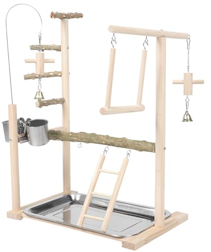 Artibetter Hölzerne Papageienstange aus Kunststoff Vogelspielplatz mit Sitzstange und Vogelfutterspender für Käfigdekoration und Interaktives Vogelspiel