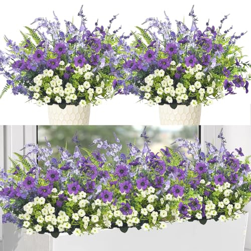 SHEPIN 12 Bündel Kunstblumen für Draußen, Künstliche Blumen Outdoor Wetterfest Balkonpflanzen Petunien Balkonblumen Seidenblumen Wie Echt Kunstpflanze (Lila, Weiß)