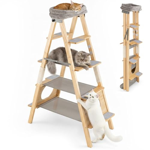 GYMAX Kratzbaum Faltbar, 5-stöckiger Katzenbaum Leiter mit 3 Hängematten, Sisalstamm & oberer Plüsch-Plattform, Stabiler Katzenturm aus Kiefernholz, mehrstöckiger Katzenkratzbaum für Katzen