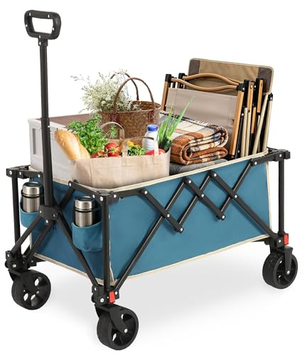 VILLESTON Bollerwagen Faltbar, Robuster Wagen mit erhöhter Tragfähigkeit und praktischen Stauraumfunktionen, Bollerwagen Faltbar Kinder in Campsituationen, Strand,Blau