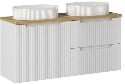 Deconation - Mueble doble lavabo con bandeja de efecto roble (120 cm, con puertas y cajones, color blanco