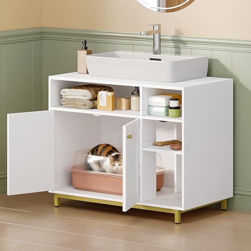 Hzuaneri Katzenschrank, 80 x 45 x 65 cm Katzenklo Schrank, Weiß und Gold | mit Speicherfunktion, Waschbeckenunterschrank, Versteckt Katzentoilette, Verstellbare Ablage, Verstellbare Füße, CB89903G