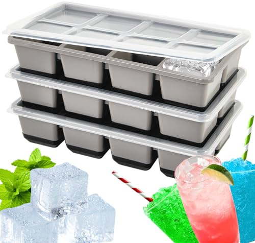 Quikobo Eiswürfelform Silikon mit Deckel, 3er Set Große Quadratische Silikon-Eiswürfelschale 6-Fach, Stapelbar für Gefrierschrank, Cocktails, Whisky, Kaffee, BPA-frei