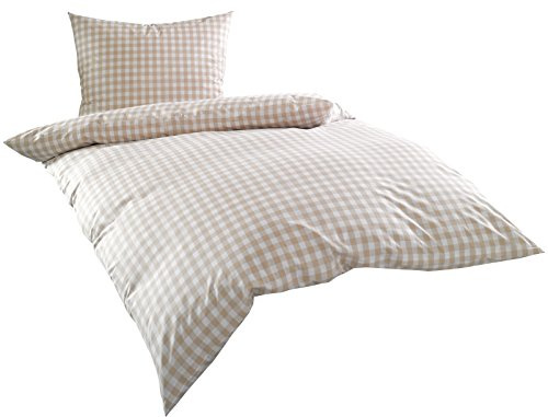Bettwaesche-mit-Stil Mako Batist/Mako Perkal Landhaus Bettwäsche Karo Oslo kariert (135 cm x 200 cm + 80 cm x 80 cm, Beige - Karo)