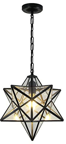 HJXDtech Tiffany Pendelleuchte Vintage, Esstisch Lampen Hängend, Höhenverstellbar Hängelampe für Küche Schlafzimme Wohnzimmer Flur, Glas Stern Lampenschirm, Transparent