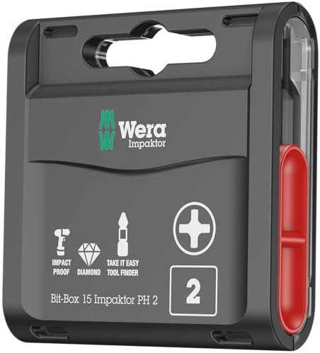 Wera Bit-Box 15 Impaktor PH2 TriTorsion Impact bits, anti cam-out Phillips 2x25mm, 15pc pack, 05057752001(use with 897 4 IMP Holder), Black