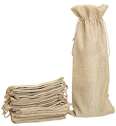 Shintop 10pcs Jute Wine Bags, 14 x 6 1/4 inches Hessian Wine Bottle Gift Bags with Drawstring (Brown)