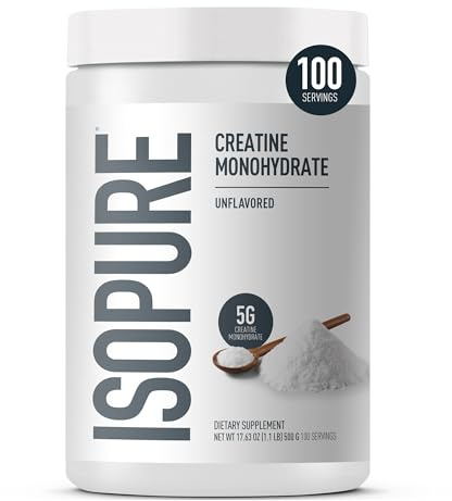 Isopure 100% Pure Creatine Monohydrate Powder, Sugar Free, Unflavored, 5g Creatine Monohydrate Per Serving, 1.1 Lbs, 100 Servings (Packaging May Vary)