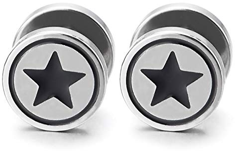 Men Women Circle Star Stud Earring Black Enamel, Steel Cheater Fake Ear Plugs Gauges Illusion Tunnel