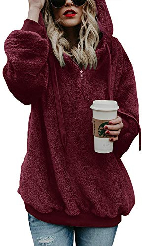 iWoo Winter Coats Women Teddy Fleece Hooded Sweatshirt Autumn Winter Long Sleeve Zip Pullover Sweatshirt for Women(Wine Red,L)