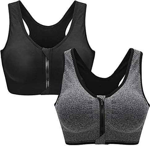 ZOEREA Sujetador Cierre Delantero Deportivo para Mujer Gimnasio Ropa con Almohadillas Extraíbles para Correr Sin Costuras Yoga Fitness Negro + Gris,XXL