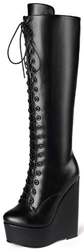 Soireelady Stivali Alti Donna, Stivali con Tacco a Zeppa, Stivali Donna Overknee Tacchi Alti, Stivali con Lacci con Plateau Nero EU46